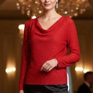 Nue Options XL $78 Red Sequin Knit  Drape Neck Long Sleeve Formal Sweater Blouse